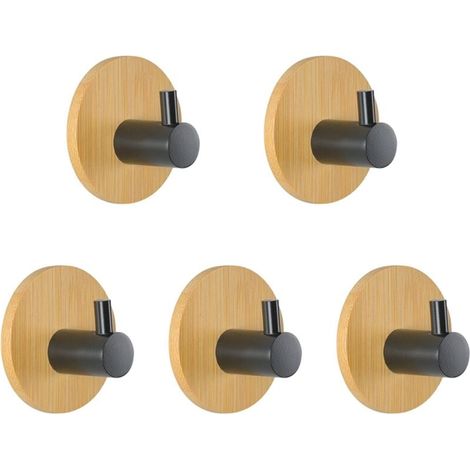 Wooden Adhesive Hooks, 5pcs Black Adhesive Door Hooks, Bamboo Towel Holder, Adhesive Hooks for Bathroom, Kitchen and Office Doors MUMU (1/3)