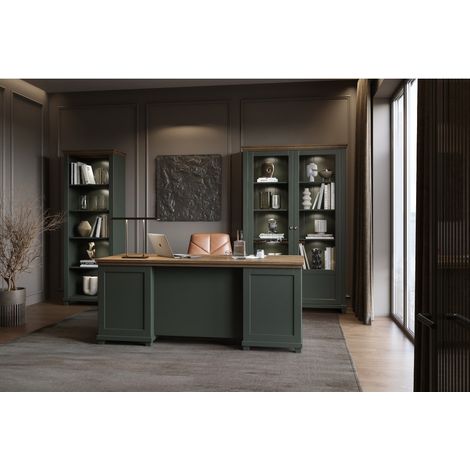 Conjunto de oficina ASSIA verde oscuro y madera – Escritorio de 180 cm + biblioteca + vitrina con 2 puertas de vidrio