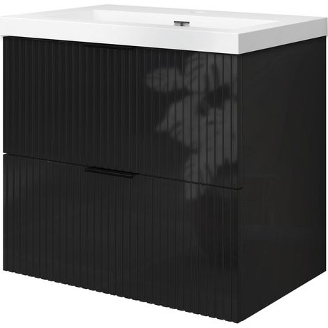 OCEAN Meuble salle de Bain Suspendu Noir Haute Brillance - Design Moderne à 2 Tiroirs et Vasque, 60x37x52cm