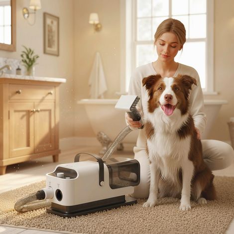 Aspirateur Poil Chien et Séchoir 5 en 1, 12 kPa, 50 dB, 1,8L, Blanc, Multifonction (1/5)
