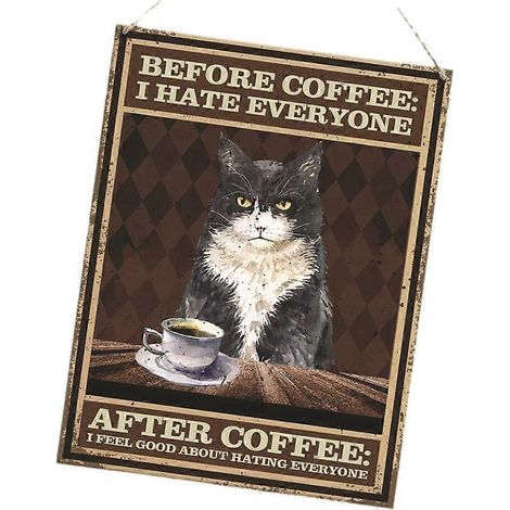 Plaque décorative murale vintage en bois avec motif de chats noirs et café. (1/4)