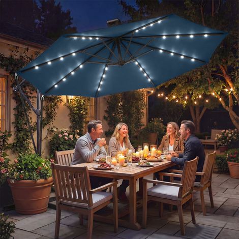 Parasol Excéntrico con Luces LED Solares Ø345 cm Sombrilla Jardín de Aluminio con Base Cruzada Manivela Funda Azul (1/5)