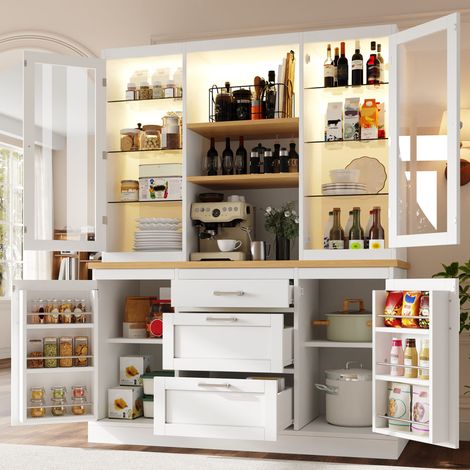 Meuble de cuisine avec éclairage LED contrôlé par application, 185 x 140 x 40 cm, 3 tiroirs, plan de travail, étagères réglables, noir/blanc/vert (1/5)