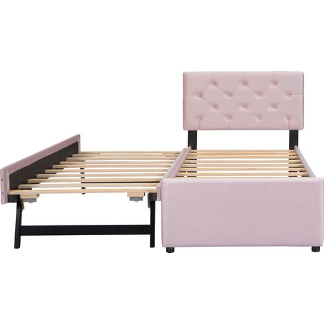 CAIziLit rembourré 90x200 cm, sommier lattes, tiroir roulant, velours rose (1/5)