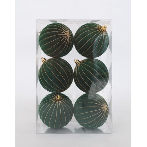 Set de 6 esferas navideñas de terciopelo verde oscuro con rayas doradas 8 cm