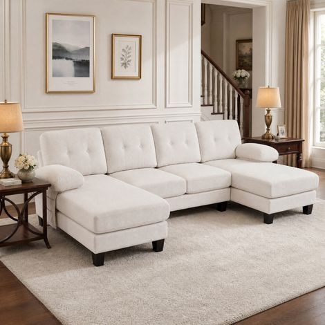 sofá chaise longue chenilla beige 4 plazas OKMYHOME (1/5)