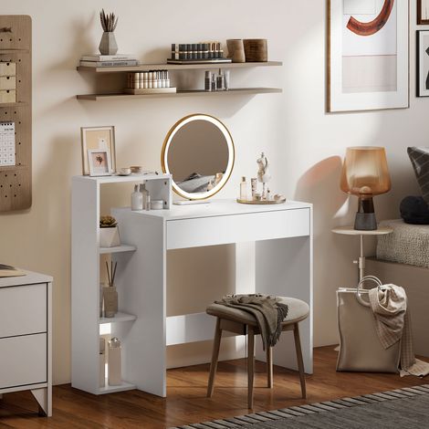Bureau blanc moderne en bois, 90x100x40 cm, tiroir intégré + 3 étagères ouvertes pour ordinateur