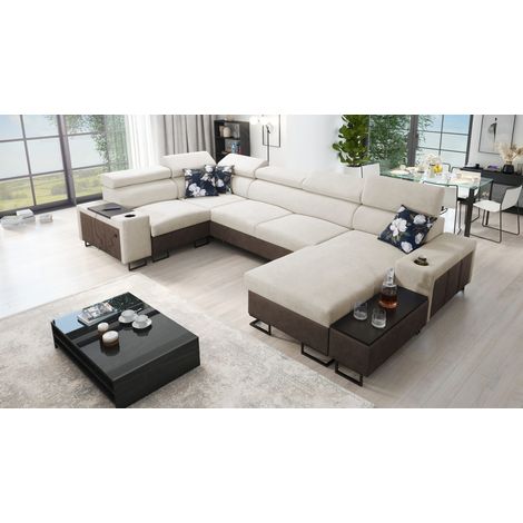 Großes Ecksofa für das Wohnzimmer, Schlaffunktion MELODY IV MAXI Tauro/Freya Braun/Beige Rechts (1/5)