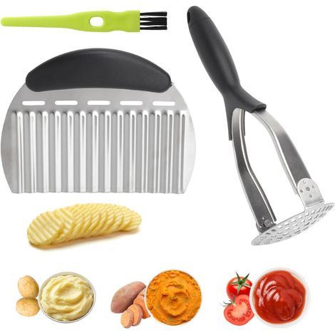 Presse-Purée Manuel et Coupe Ondulé Set Écrase-Pommes de Terre Avec Design Rotatif Coupe-Légumes Ondulé Poignée Ergonomique pour Purée Pommes de Terre Légumes Fruits Cuisine Camping (1/5)