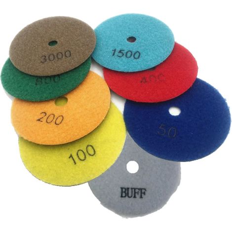 Trade-Shop SET: Ø100mm Diamant Polierscheibe (8 Stück) M14 für Naturstein, Beton, Granit, Keramik, Marmor - Körnung Buff/50/100/200/400/800/1500/3000 (1/3)