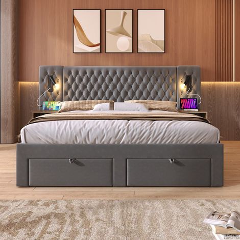 Polsterbett 180x200 cm Samt Grau mit 2 Nachttischen, 4 Schubladen, LED und USB LINHOO (1/5)