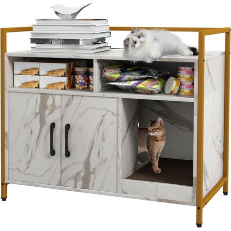 GOPLUS Meuble Litiere Chat, 89 x 45 x 74,5 CM, Maison de Toilette Chat avec 2 Portes, 2 Compartiments Ouvertes, Plateau Grand, Cadre en Acier avec Griffoir pour Chats, Idéal pour Intérieur, Marbre (1/5)