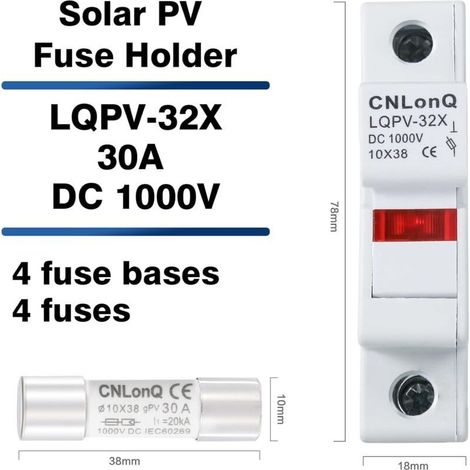 Porte-Fusible Solaire PV RT18-32X - DC1000V, 4 pièces, Base DIN, Protection Système Photovoltaïque avec Lumière (30A) (1/5)