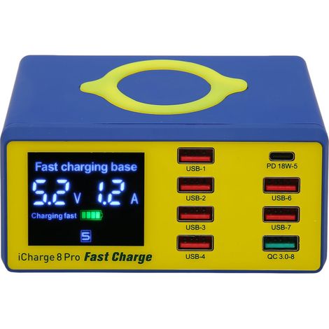 Station de charge USB 100 W avec interface de charge rapide QC3.0 PD, charge sans fil, hub USB 8 ports pour la maison, le bureau et l'ordinateur de bureau (prise britannique 100-240 V). (1/5)
