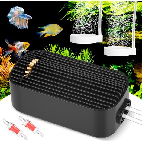 Applicable Pompe à Air Aquarium, Silent Pompe à Air Aquarium, 5W Puissante Sortie Bulleur Aquarium, Réglable Bulleur pour Aquarium avec Pierre à Bulles et Clapet Anti-Retour, 2M Tuyau et 2 Sorties d'a