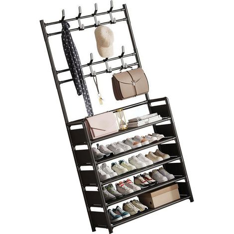 5-stöckiges Schuhregal, schwarz, aus dickem Eisen, einfache Montage mit Haken, Schuhregal für Wohnzimmer, Schlafzimmer und Eingangsbereich (1/5)