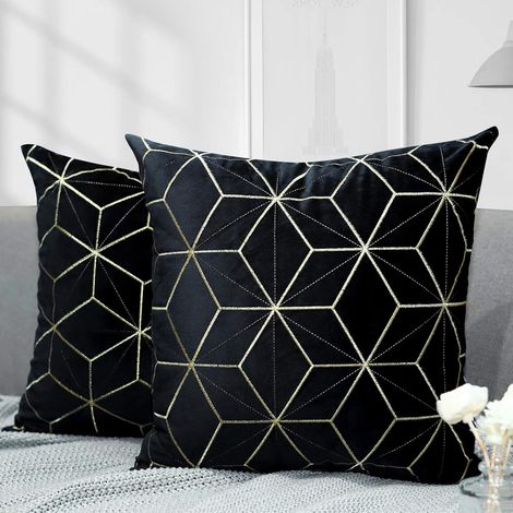 MINKUROW Funda De Cojín De Terciopelo, 2 Piezas Funda De Cojín Cuadrada Con Patrón Geométrico Bordado Dorado, Funda De Cojín Suave Para Sala De Estar Sofá Coche, 45 X 45 Cm - Negro (1/5)