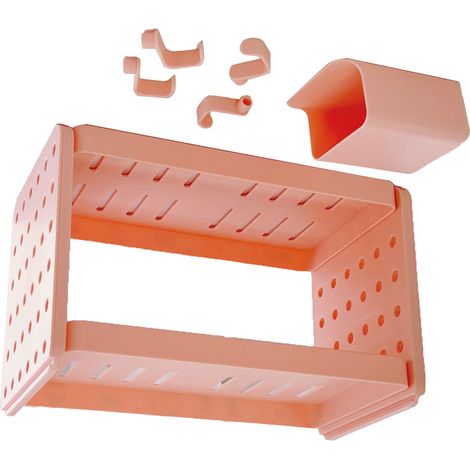 Étagère de bureau double couche, étagère creuse double couche avec crochets et porte-stylos pour cuisine, salle de bain ou bureau, rose clair (1/5)