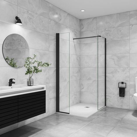 AICA paroi de douche à l'italienne 50x200cm avec une barre de fixation paroi de douche pivotante 45x200cm profil noir (1/5)