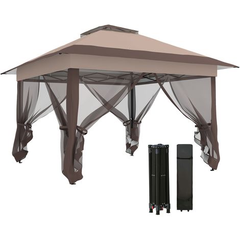 Tonnelle jardin pliable chapiteau acier moustiquaire polyester sac transport à roulettes montage rapide événement extérieur marron kaki robuste (1/5)