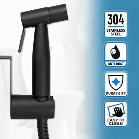 Douchette wc noir acier inox kit complet avec 1.2 metres de tuyau flexible extra long support et vanne de derivation (1/4)