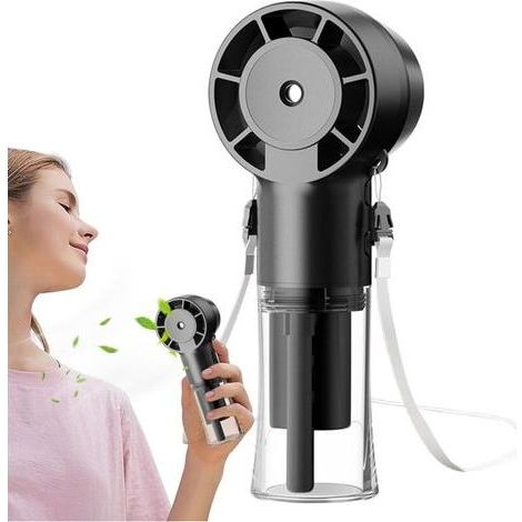 Ventilateur portable rechargeable avec fonction brumisateur, batterie 1200 mAh, rafraîchisseur d’air pour activités en extérieur par forte chaleur, couleur noir (1/5)