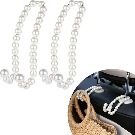 Set di 2 ganci decorativi in acciaio inox per poggiatesta auto - Lunghezza totale 12 cm - Per zaini e cellulari - Bianco