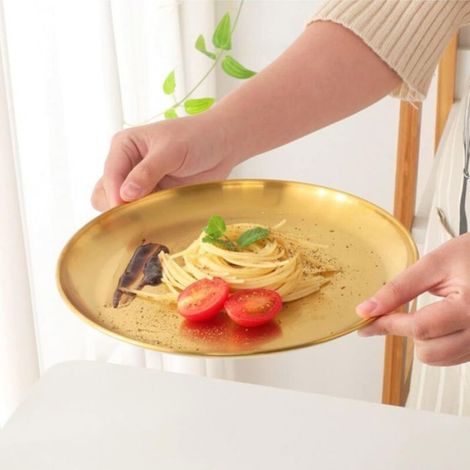 Un ensemble de 2 plateaux décoratifs en acier inoxydable, assiettes rondes en acier inoxydable (20 cm, doré). (1/5)