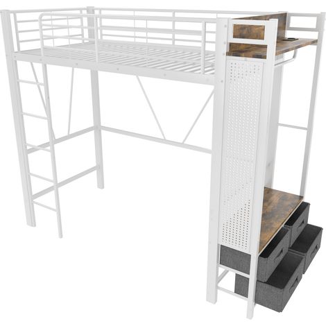 Hochbett 90 x 200 cm aus Metall und MDF mit Stauraum, LED, USB-C, Weiß MODENUIT (1/5)