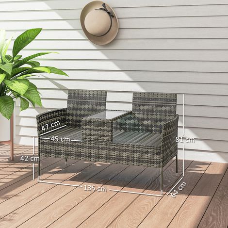Banc d'extérieur deux places avec table basse intégrée, en acier et rotin PE, 137 x 59 x 82 cm, gris (1/5)