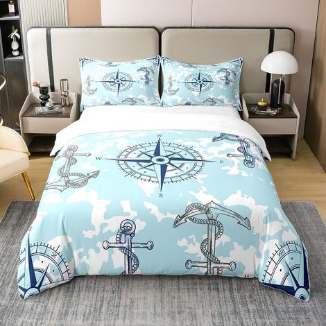 Ancre 100% Coton Sets de Housse de Couette Enfants Compass Imprimer Parure de Lit 240x260cm Ancre Thèmes Housse de Couette Aventure en mer Océan Thèmes Parure Housse de Couette - 260 x 240 cm + 2 taie (1/5)