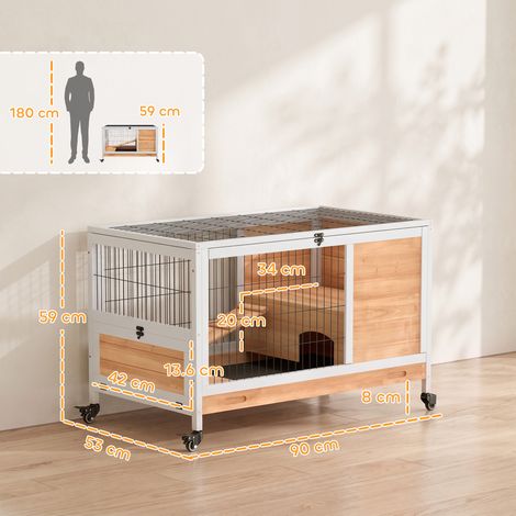 Cage à lapin en bois (avec 4 roues), cage et rampe incluses, 90 x 53 x 59 cm, jaune (1/5)
