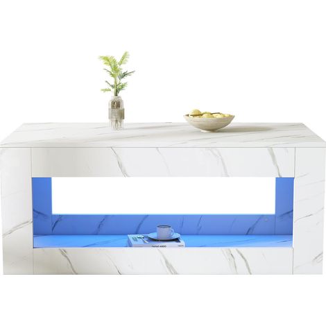 Table basse LED blanche 100 x 50 x 50 cm avec plateau brillant, effet marbre, grand espace de rangement ouvert et USB, pour salon moderne  CHICFURN (1/5)
