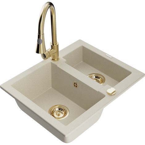 Mexen Carlos évier en granit à 1,5 cuve avec robinet mélangeur Elia, Beige - 6518-69-670101-50 (1/5)