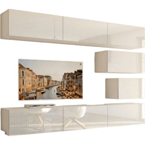 Conjunto de muebles de salón blancos colgantes colección CEPTO XVI 249cm, 8 muebles, modulares.