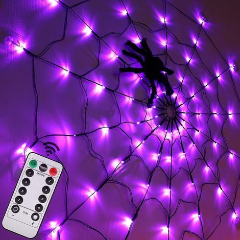 Décorations d'Halloween en toile d'araignée - 1,2 m de diamètre, 70 LED avec araignée noire, filet lumineux étanche, violet (1/5)