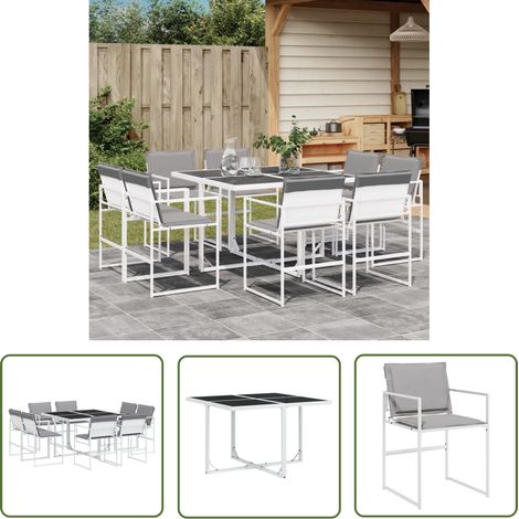 The Living Store Ensemble à manger de jardin avec coussins 9 pcs blanc textilène - Salon De Jardin - Mobilier De Jardin - Set De Jardin - Table De Jardin - Chaises De Jardin (1/5)