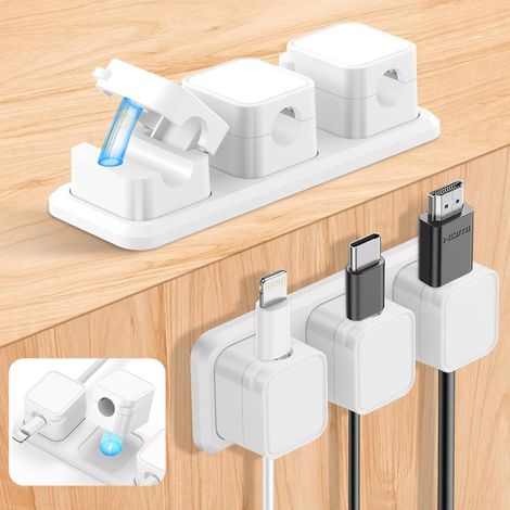 Clips Câble Organisateur Bureau, 6 Pcs Organisateurs de Câbles Magnétiques avec 2 Pcs Base Fixe, Range Câbles Silicone Fixe pour Câbles de Chargeur/Souris/Écouteur/Ustensiles de Cuisine, Blanc (1/5)