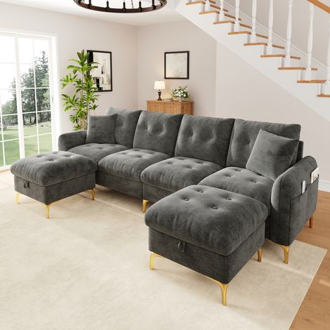 Canapé d'angle modulable 4 places en U 263x137x85 cm avec 2 poufs de rangement, chenille gris et pieds dorés (1/5)