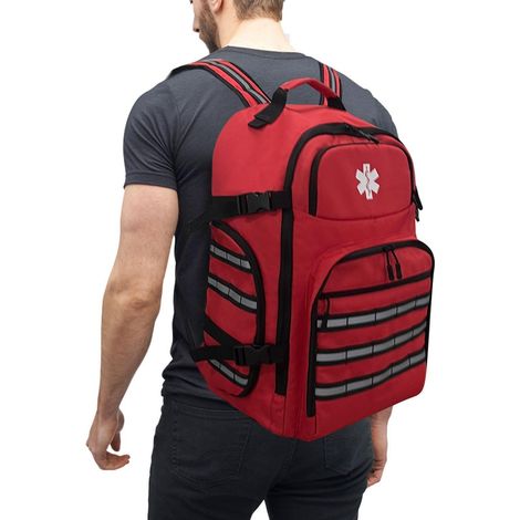Erste Hilfe Rucksack groß, leer, rot, mit Reflektoren