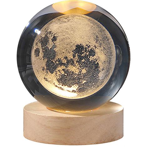 1 Veilleuse LED, boule de cristal, sculpture lisse, socle bois massif, chambre enfant (1/5)