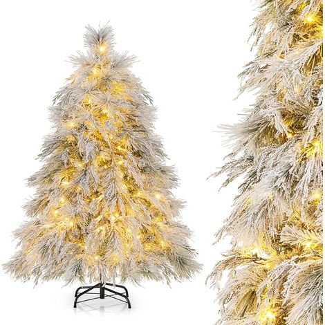 COSTWAY Albero di Natale Innevato 146/192 CM, Albero di Natale ArtificialePre-Luminoso con Cerniera e 150/250 Luci LED Bianche Calde, 279/519 Punte di Ramo, Ago di Pino (146 CM) (1/5)