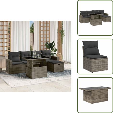 Salon de jardin 6 pcs avec coussins gris résine tressée - Ensemble Salon De Jardin - Mobilier De Jardin - Salon Extérieur - Table Basse Extensible - Chaise Longue (1/5)