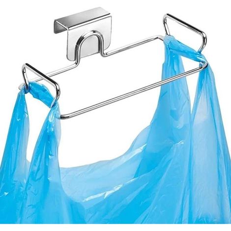 Support de sac poubelle suspendu à la porte de cuisine, étagère de rangement en acier inoxydable pour sacs poubelles (1/5)