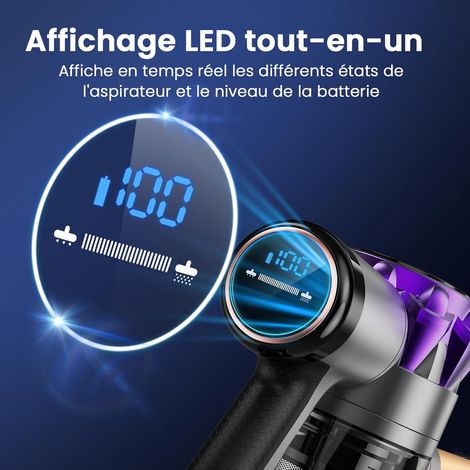 Balai-aspirateur sans fil S3P, violet et orange, puissant et léger, idéal pour sols durs et tapis, rechargeable, pratique au quotidien. (1/5)