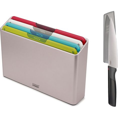 Set de Schneidebretter de Joseph Joseph Folio Icon, 4 Stück, farbcodiert, rutschfest, mit Etui de Aufbewahrung und Elevate Kochmesser de 6.5"