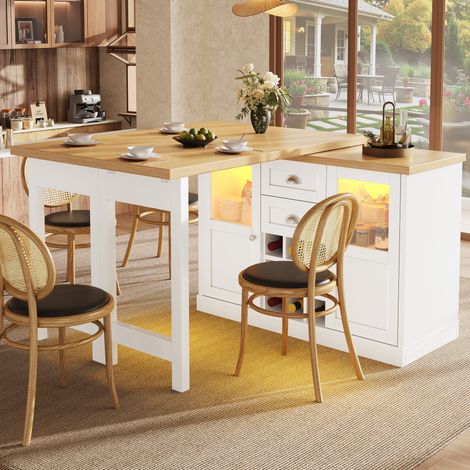 Tavolo da pranzo allungabile 120-197x40x72 cm bianco in MDF con rotazione 360°, LED e contenitori (1/5)