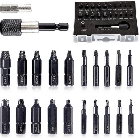 Lot de 22 extracteurs de vis pour vis endommagées, acier HSS 6542, dureté HRC, pour vis endommagées de 2 à 12 mm, avec porte-embout d'extension magnétique et adaptateur de douille (1/5)