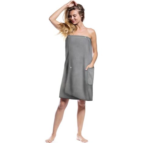 Serviette de Bain, Accessoires de Sauna Robe de Sauna Kilt Femme, Serviette de Spa en Éponge Boutonnée, Poches Élastiques Robe de Sauna Femme, Serviette de Sauna Réglage de la Taille(Gris) (1/5)