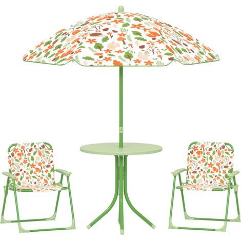 Ensemble aus 4-teiligem Gartenmöbel-Set für Kinder im Freien, mit Elefanten- und Giraffenmotiv, verstellbarer Sonnenschirm Ø 100 cm, klappbarer Stuhl (1/5)